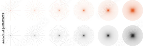 Abstract radial dot glow elements set. Soft circular burst shapes in warm and neutral tones. Ideal for light effects, overlays, and modern design accents.