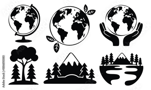 Earth day silhouette vector icons, planet globe and nature landscape elements.
