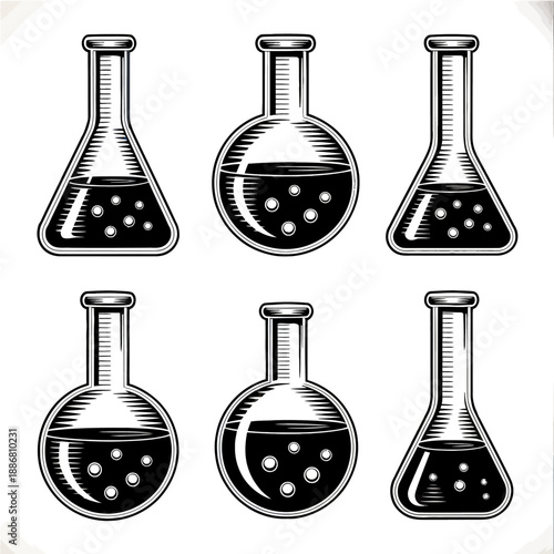 A collection of six intricately detailed laboratory flasks featuring diverse shapes.