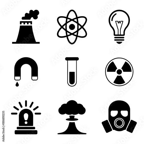 A grid of black icons on a gray background features symbols related to industry and science.