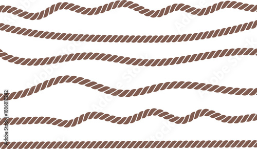 Brown twisted rope lines forming wavy patterns. Clean nautical cord vector isolated on white. Ideal for maritime backgrounds, border accents, and design layouts.