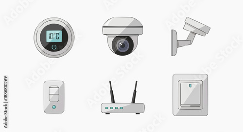 Security system components including camera, alarm, and router illustrated in a flat design style