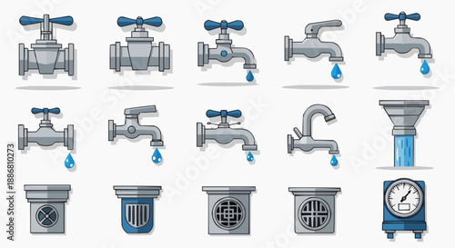 Collection of various metal faucets and water drainage components displayed on a clean white background, showcasing different designs and functionalities