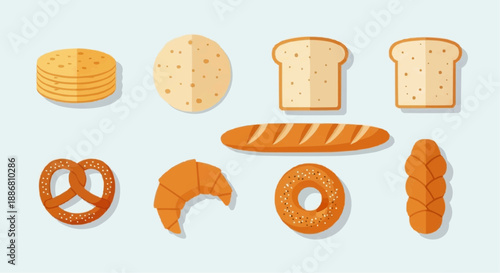 Assorted baked goods including bread and pastries displayed on a clean background from a top view perspective