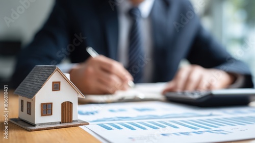 Real estate business market, house home building purchase sale. A man in a suit sitting at a table, holding a pen and writing on a piece of paper. On the table is a miniature house.
