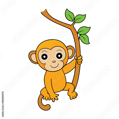 A playful baby monkey clings to a tree branch, making funny faces and striking poses, full of energy and curiosity in its leafy jungle playground.
