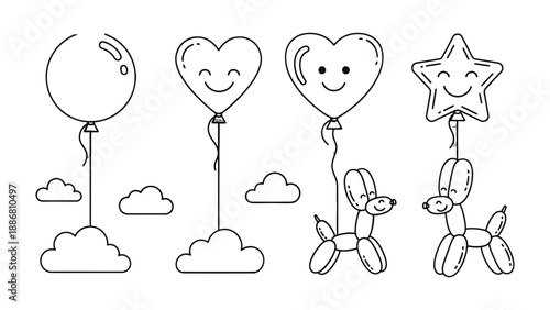 Joyful Balloons: A delightful collection of playful balloons, each designed with unique shapes and charming expressions, floats gracefully amidst whimsical clouds. 