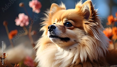 A fluffy, light brown Pomeranian gazes upward in a bright, colorful garden setting, with soft blurred floral background
