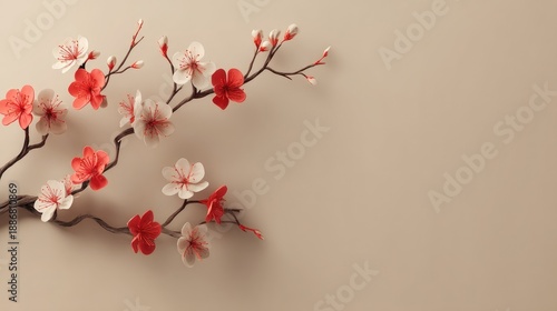Elegant Arrangement of Red and White Cherry Blossom Flowers on Soft Beige Background for Tranquility and Serenity in Indoor Decor