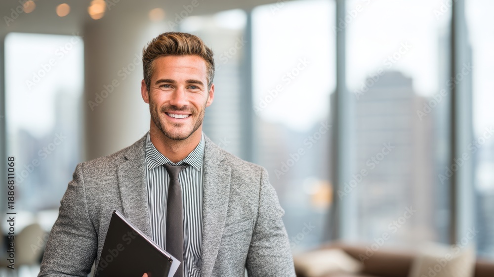 Fototapeta premium Real estate business market, house home building purchase sale. A man in a gray suit, white shirt, and black tie, smiling confidently while holding a black folder.