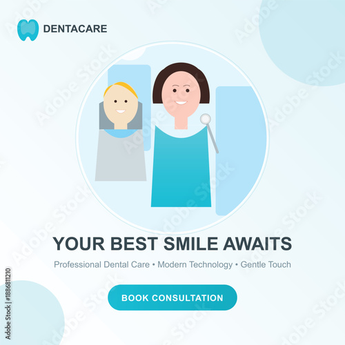 Dental care clinic advertisement featuring professional dentistry characters and modern technology for medical consultation and oral health services