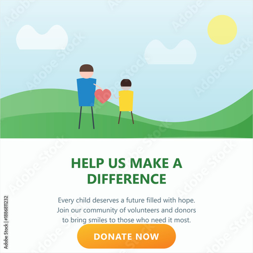 Charity and non-profit organization advertisement featuring adult and child characters with a heart symbol for donation and community support volunteer programs