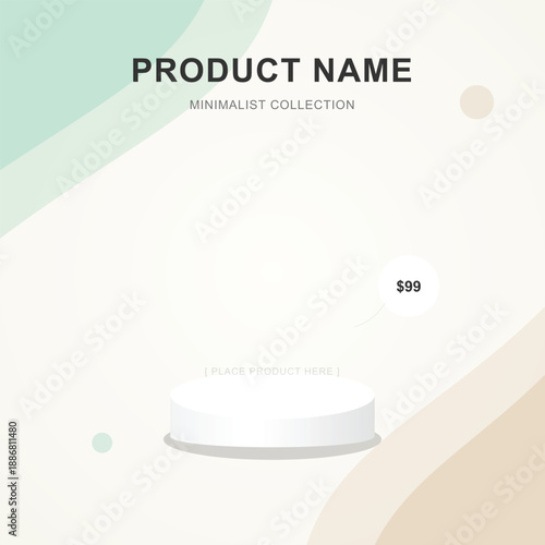Aesthetic product showcase template with white 3D pedestal and abstract geometric shapes for minimalist collection marketing and retail brand advertisements.