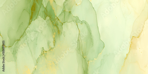 Green and gold alcohol ink background with ethereal marble textures with delicate shimmering gold dust and metallic veins, creating a luxurious liquid marble effect.