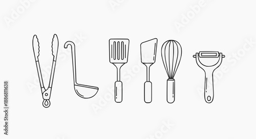 Kitchen utensils including spatula, whisk, and peeler arranged in a line on a plain background from a straightforward viewpoint as simple line illustrations
