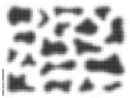 Abstract halftone dot patterns. Vector set of black organic shapes with gradient texture on white background. Minimalist dotted blobs for modern graphic design, posters and creative branding.