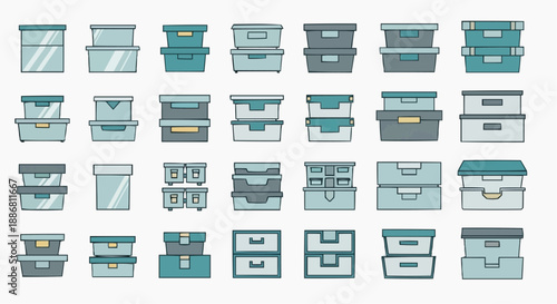 Assorted office supplies and storage containers arranged neatly on a plain surface from a top-down viewpoint