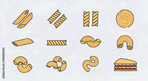 Variety of food items including pastries and sandwiches illustrated in a grid layout from a top-down viewpoint