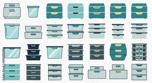 Collection of various office storage solutions and furniture displayed in a grid layout