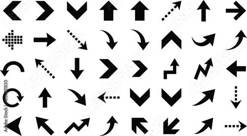 Abstract black arrow icon collection, directional navigation symbols, UI UX interface elements, minimal vector arrows set on white background isolated
