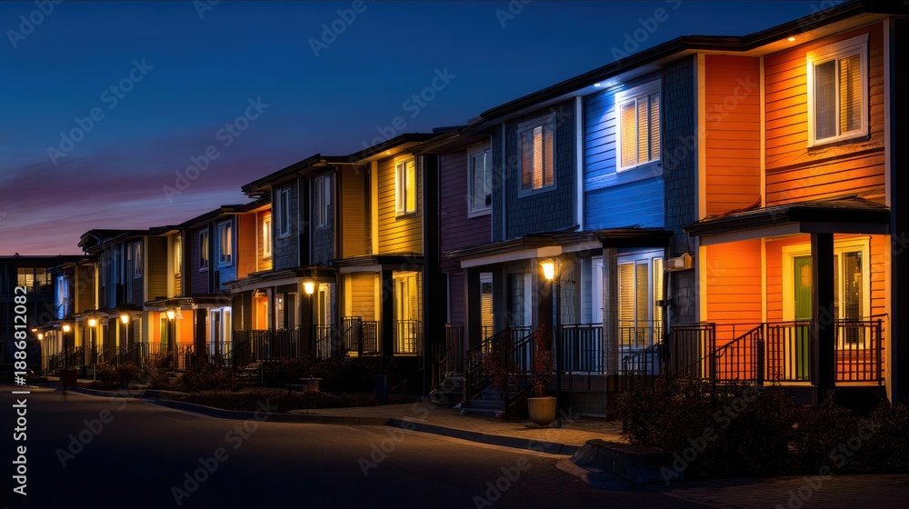 Obraz premium Real estate business market, house home building purchase sale. A row of multistory houses illuminated by lights at dusk. The houses feature windows, doors, and railings.