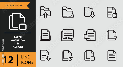 Set of 12 line icons for paper workflow and document management actions