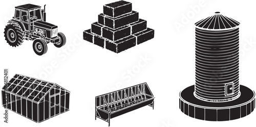 Various farm related object include a tractor, Hay bales, silo, greenhouse and a feeder. Perfect for agriculture themes, rural lifestyle, farming concepts and agricultural infrastructure.