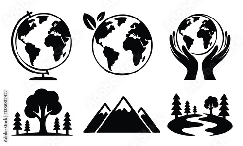 Natural landscapes and globe set bundle earth day silhouette graphics