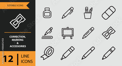 Editable line icons featuring correction, marking, and general stationery accessories