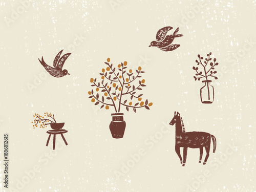 鳥と馬のイラストセット