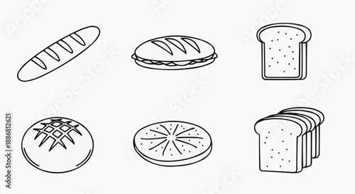 Assorted bread and pastries illustrated in a clean and simple style on a white background viewed from directly above