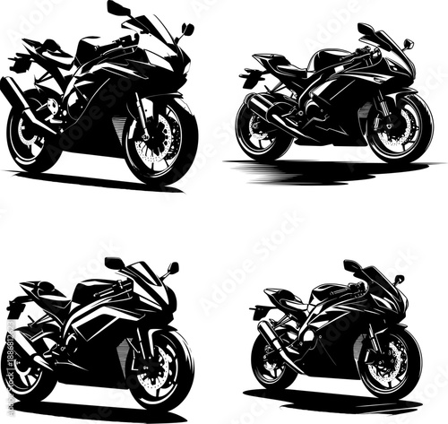 set of four flat black and white motorcycle silhouette vector icon, solid shape isolated on white background