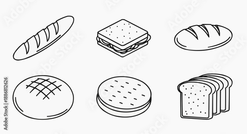 Assorted bread and sandwiches illustration featuring various types of loaves and sandwich preparations from different viewpoints