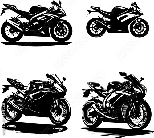set of four flat black and white motorcycle silhouette vector icon, solid shape isolated on white background
