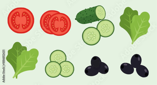Assorted vegetables and herbs are arranged neatly, including sliced cucumbers and tomatoes, viewed from directly above in a flat layout.