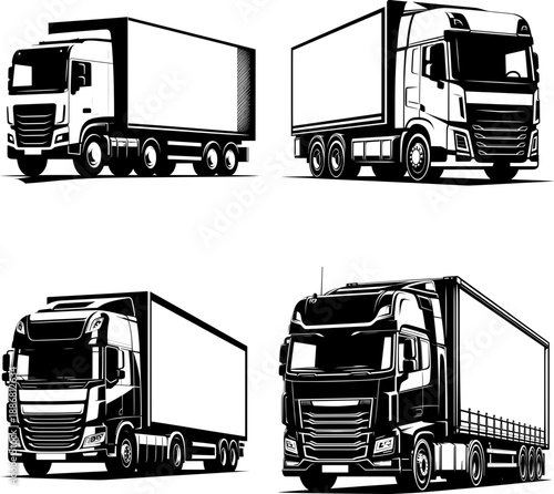 set of 4 flat black and white lorry truck silhouette vector icon, solid shape isolated on white background