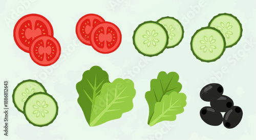 Assorted vegetables and ingredients arranged neatly in a grid pattern on a clean background viewed from directly above