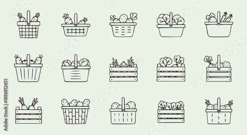 Collection of Various Basket Illustrations Featuring Fresh Produce and Herbs in Different Patterns and Designs
