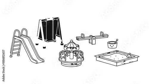 Playground Equipment: A collection of playground equipment, rendered in a simple monochrome style. It's an invitation to a world of fun, a place where imagination takes flight.