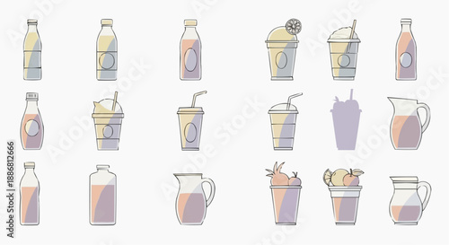 Assorted beverages in various containers, bottles, jugs, and cups displayed together, illustration, various viewpoints, collection of drinkware
