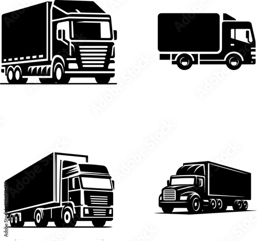 set of 4 flat black and white lorry truck silhouette vector icon, solid shape isolated on white background