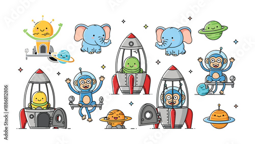 Whimsical Space Explorers: A collection of adorable cartoon characters, including monkeys, elephants, and aliens, playfully engage in space exploration with rockets and planets.