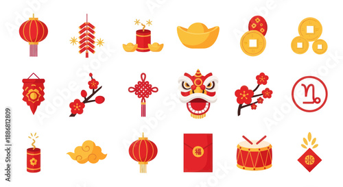 Chinese New Year Icons: Lanterns, Firecrackers, Lion Dance, Red Envelopes, Gold