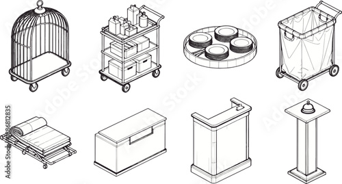 A compilation of essential hotel service items. A detailed array of hotel service objects.