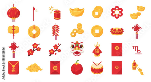 Chinese New Year Icons: Lanterns, Firecrackers, Gold, Red Envelopes, Lion Dance, Drums