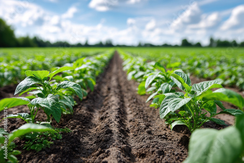 Agriculture farm field crop soil leaf potato plant row in focus under bright sky symbolizing fresh seasonal growth