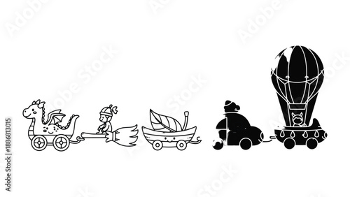 Whimsical Transportation Parade: A delightful illustration of various unique modes of transportation, each with its own charm and character, showcasing a magical journey