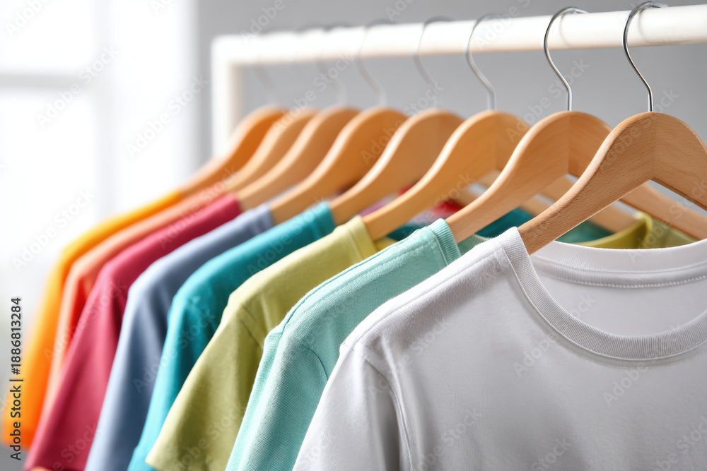 Obraz premium Colorful t shirt wooden hanger clothing rack casual fashion cotton fabric retail display line of neat shirts in bright row