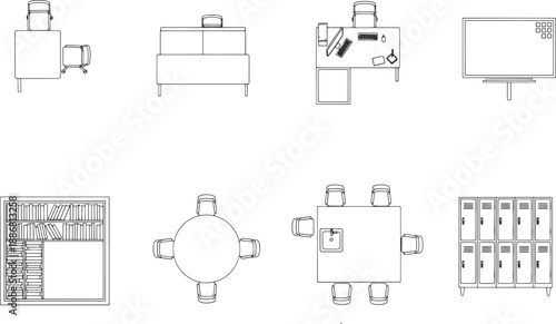 A collection of modern office furniture drawn as top view or aerial view including desks, sofas, and meeting tables, a schematic view.