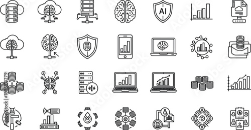 Artificial, intelligence, data, analytics, technology, icon, set, ai, machine, learning, cloud, security, finance, network, vector, outline, symbols, isolated, white, background